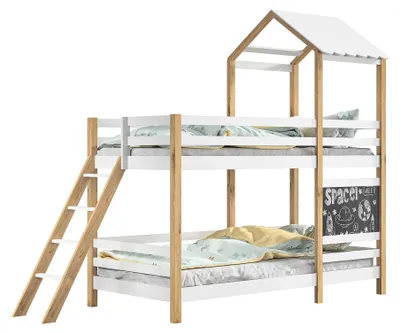 Image de Lit superposé pour enfants - Lit superposé - Lit cabane - Lit ludique - Lit avec barrière de sécurité - Fabriqué en MDF et en bois de pin - Dimensions : 90x200 cm