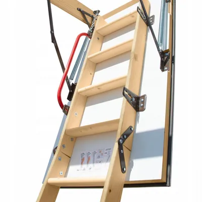A wooden attic ladder is shown extended and attached to an attic hatch.