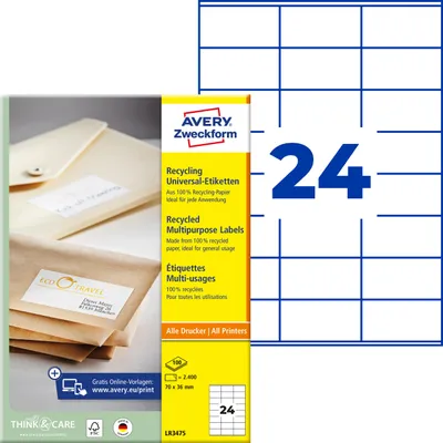 Produktbild von Avery Zweckform LR3475, Recycling Universal-Etiketten, A4, 70 x 36 mm, 2.400 Etiketten / 100 Bögen, naturweiß