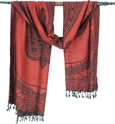 Produktbild von Pashmina-Viskose Schal, Indische Boho Stola mit Paisley Muster - Rost, Uni, Rot, 200*70 cm, Schals