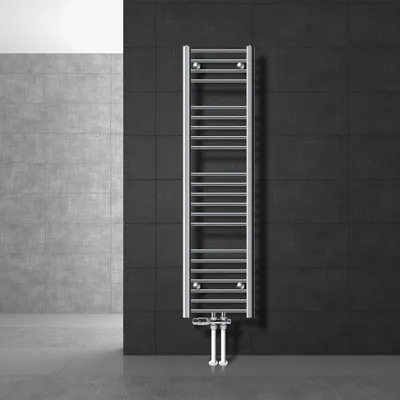 Obrázek produktu pro LuxeBath Koupelnový radiátor se středovým připojením 300 x 1400 mm chrom rovný s termostatem a připojovací sadou Průchozí podlahový chromový radiátor, bez topného tělesa