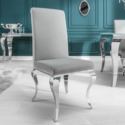 Produktbild von Stylischer Design Stuhl MODERN BAROCK grau Stuhlbeine aus Edelstahl Samtoptik Lehnstuhl Esszimmerstuhl