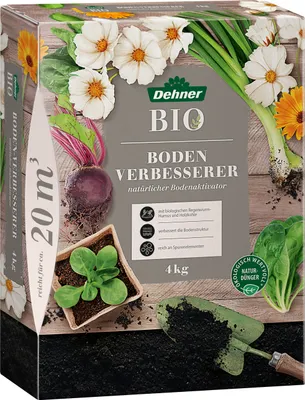 Produktbild von Dehner Bio Bodenverbesserer, hochwertiger Dünger für Gartenpflanzen, organischer NPK-Dünger, mit Spurennährstoffen, natürlicher Boden-Aktivator, 4 kg, für ca. 20 qm