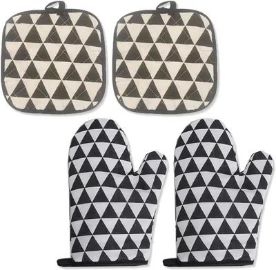 Produktbild von Paar Baumwoll-Ofenhandschuhe mit 2 Topflappen, waschbar und rutschfest, zum Grillen und Kochen
