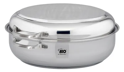A stainless steel pot with a lid and handles.