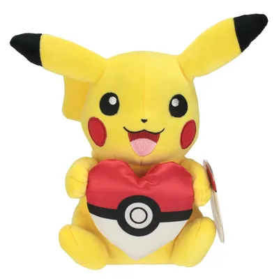 A plush Pikachu toy holding a heart-shaped Poke Ball.