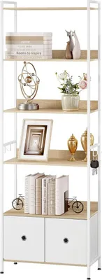 A tall, white and light brown shelf unit with various decorative items and books.