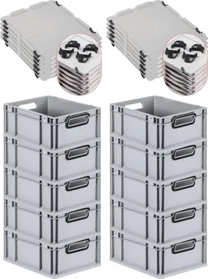 Produktbild von SuperSparSet 10x Eurobox NextGen Color mit Auflagedeckel und Schiebeschnappverschlüsse | HxBxT 17x30x40cm | 16 Liter | Grau | Griffe schwarz offen | Glatter Boden | Eurobehälter, Transportbox, Transportbehälter, Stapelbehälter