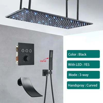 Obrázek produktu pro Sada sprchové hlavice "deckendusche" - systém zabudovaný do stěny - čtvercová sprchová hlavice - LED osvětlení napájené vodou - mosaz - černá barva - sada D