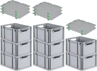 Produktbild von SuperSparSet 8x Eurobox NextGen Grip mit Auflagedeckel inkl. 4 grünen Schiebeschnappverschlüssen | HxBxT 22x30x40cm | 20 Liter | Griffe offen | Glatter Boden | Eurobehälter, Transportbox, Transportbehälter, Stapelbehälter