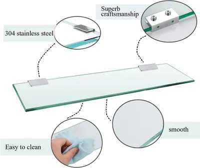 Obrázok produktu pre Sklenená polička na stenu, 8 mm, 35 cm, s chrómovanou držiakom z nehrdzavejúcej oceli, vhodná do kúpeľne a kuchyne