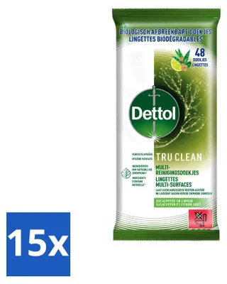 Productafbeelding van 15 x Dettol Tru Clean multifunctionele reinigingsdoekjes - Eucalyptus & Limoen - Biologisch afbreekbaar - Voordeelverpakking - 15 stuks