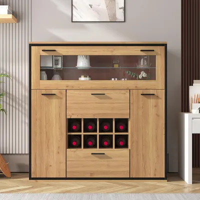Produktbild von Buffet, eleganter Weinschrank mit Doppeltür, Glasablage und Flaschenregal: perfekter Stauraum in einem stilvollen Sideboard.
