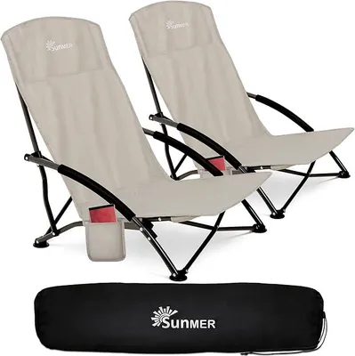 Imagen del producto de Silla de playa plegable con bolsillo lateral y bolsa de transporte - Silla de camping plegable, compacta, ligera, portátil, con capacidad de 120 kg - Gris