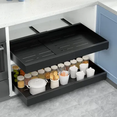 Produktbild von Teleskopische Lade, Ausziehbare Lade, Küchenschrank, Verstellbare Breite, Metall-Kastenorganizer, Ausziehbar, Ohne Bohren, Für Küche, Badezimmer, Wohnzimmer, 43-68 x 42 x 7 cm, Schwarz