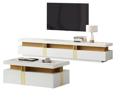 Image de Ensemble de meubles TV - Meuble TV et table basse - Style moderne - 2 pièces - Panneau de particules - Blanc