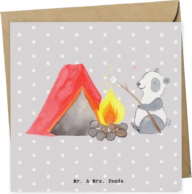 Produktbild von Mr. & Mrs. Panda Grußkarte Panda Campen - Grau Pastell - Geschenk, Klappkarte, doppelkarte, gehen, Zelten, Campingplatz, anlasskarte, Glückwunschkarte, faltkarte, Camping