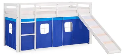 Obrázok produktu pre Postel Homestyle4u, rozmery 90x200 cm, s bočnicami na ochranu pred pádom, s šmýkačkou, s rebríkom, s závesmi, farba modrá, vyrobená z masívneho dreva (smrek), povrchová úprava: biela