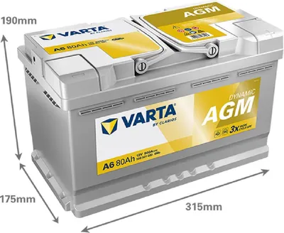 A VARTA Silver Dynamic AGM XEV car battery with dimensions indicated.