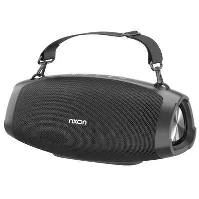 A black portable Bluetooth speaker with a strap, shown against a white background.