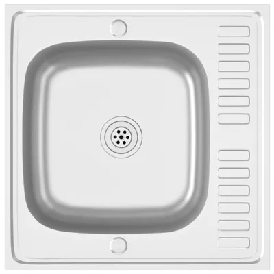 A top-down view of a stainless steel kitchen sink with a drain.