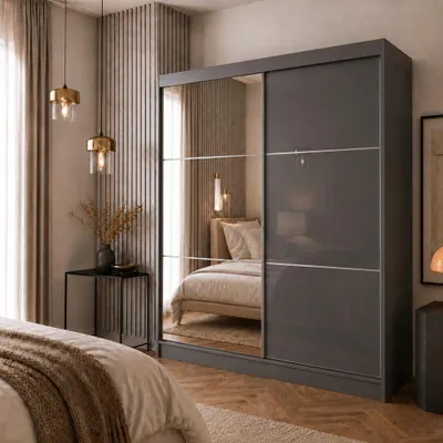 Produktbild von Schrank mit Schwebetüren VIVA 200cm - Kleiderschrank mit Schubkasteneinsätze & Kleiderstangen (Graphit)