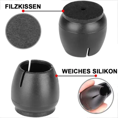Close-up collage showing furniture leg protectors, their material, and how they are used.