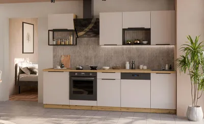 Produktbild von Küche SOLANO BASIC LOFT 280 cm Küchenzeile Küchenblock Einbauküche Kaschmir beige matt + Eiche Artisan matt