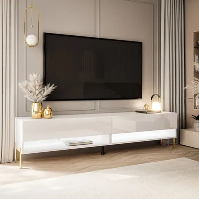 Produktbild von RTV Schrank CALANTE 180 cm auf Beinen mit LED-Beleuchtung Weiß / Weiß hochglanz gerade gold Chrom Beine