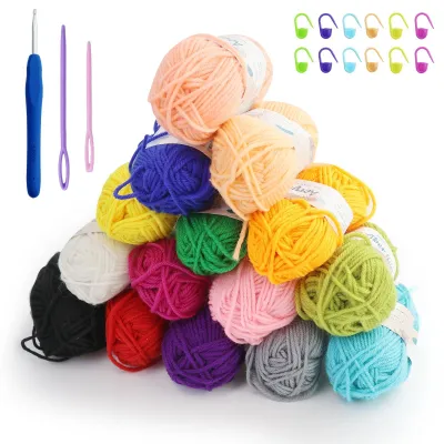 Häkelgarn-Set 15 Farben à 25 g Acrylwolle mit Häkelnadel und Zubehör