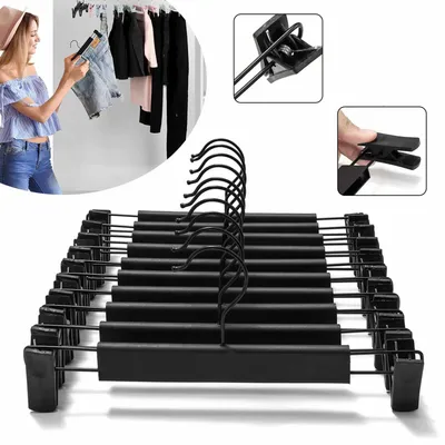 Produktbild von 10 Stück Kleiderbügel mit Starken Antirutsch Verstellbaren Clips Haken, für Hängende Hosen Socken Röcke Mäntel