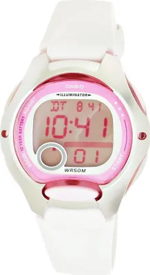 A close-up, front-facing studio shot of a Casio digital watch with a white band and pink accents.