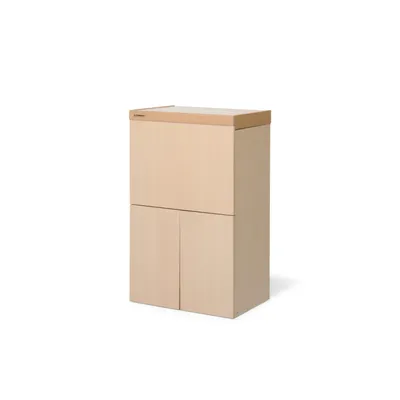 A product shot of a wooden ironing board cabinet against a white background.