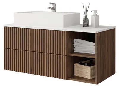 Produktbild von MIRJAN24 Waschbeckenschrank Kertos Rillen mit Waschbecken, mit Siphon, mit zwei Schubladen (Farbe: Nuss Warmia / Nuss Warmia + Marmor Bianco), KI-generiertes Bild