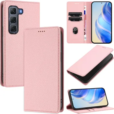 Produktbild von Litchi Leder Handyhülle für Infinix Hot 60 Pro Wallet Kartenfächer Standfunktion Hülle Pink