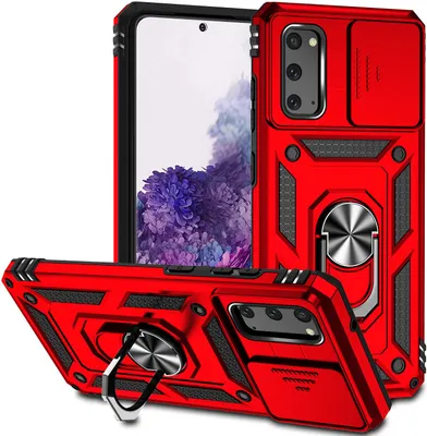 Produktbild von Galaxy S20 Hülle mit Schiebe Kamera Schutz und Ringhalter Ständer Robust Rüstung Schutzhülle für Samsung Galaxy S20 Rot