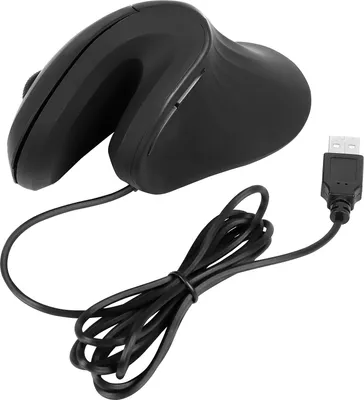 A black wired vertical mouse with a USB connector is shown on a white background.