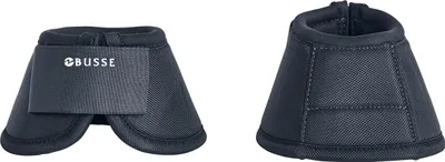 Two black horse bell boots are shown against a white background. The bell boot on the left has a black strap with the white logo 'BUSSE' on it. The bell boot on the right is shown from the side.