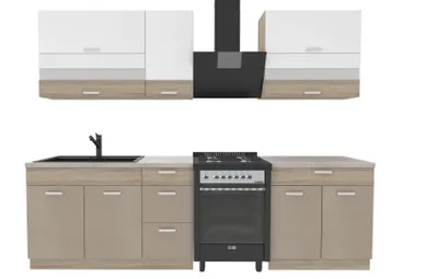 Productafbeelding van Keukenwandunit 270 cm - Sonoma beige, wit - Met werkblad van travertin - Metalen lades - Soft-close sluiting - MDF - Deuren met glasinzet - PREMIO B