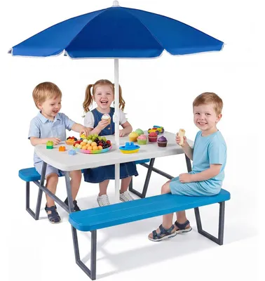 Produktbild von KOMFOTTEU Kindersitzgruppe mit höhenverstellbarem Sonnenschirm, Kinder Picknicktisch mit Bänken für 4 Personen, Kindersitzgarnitur aus HDPE, Kindermöbel für Garten, Terrasse & Kindergarten