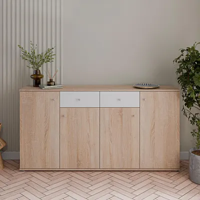 Immagine prodotto di Madia Nilo con 4 ante e 2 cassetti in rovere e bianco 159 cm