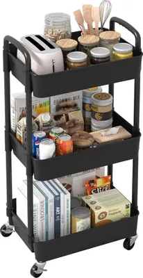 Produktbild von Multifunktionswagen, schwarz, 3-stöckig, Kunststoff, mit Griff und 4 Rollen, geeignet für Küche, Wohnzimmer und Büro, 22*40*68 cm, hohe Tragkraft