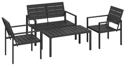 Produktbild von Gartenmöbel Set Sitzgruppe für 4 Personen Gartenlounge mit 2er Sofa 2 Sessel Beistelltisch Lamellendesign Schwarz