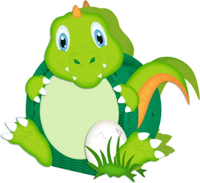 A cartoon dinosaur sitting next to a cracked egg and grass.