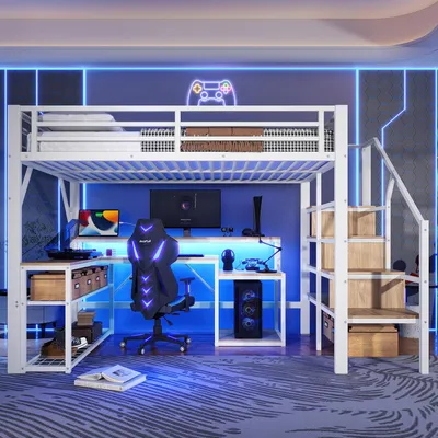 Produktbild von Flieks Etagenbett 140x200cm mit Schreibtisch und Ablagen, Jugendbett Hochbett mit Usb & Led, Kinderbett Stockbett mit Treppe, Metallbett Weiß