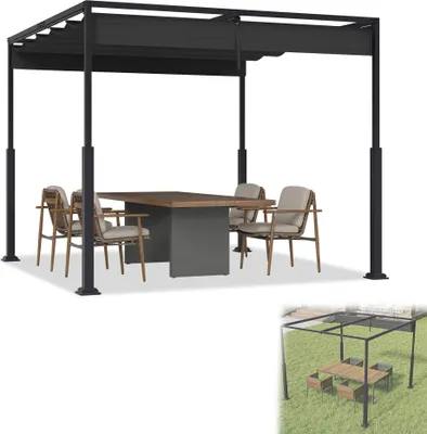 Produktbild von UISEBRT 3x3m Pergola mit Schiebedach - Wasserdichter Gartenpavillon aus Stahl & Polyester, freistehendes Terrassendach, winterfest & UV-beständig, Schwarz