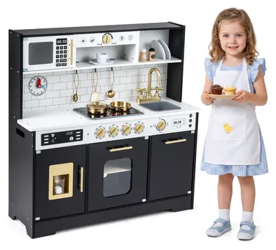 Produktbild von Kinderspielküche mit Licht und Sound, Baby-Küche mit Ofen, Eismaschine, Herd, Kaffeemaschine, Spüle, Mikrowelle und Zubehör, Montessori-Spielzeug mit Stauraum, für Kinder ab 3 Jahren