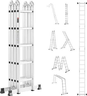 Immagine prodotto di SucceBuy Scala pieghevole 7 in 1, 5 gradini, sbraccio di 6,8 m, in metallo per interni ed esterni