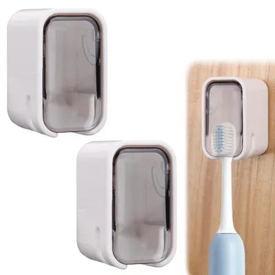 Image de Support mural pour brosses à dents, lot de 2, avec couvercle, transparent, gris
