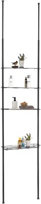 Produktbild von Duschablage DUNJA ohne Bohren, Schwarz, Duschregal, Metallgestell, ausziehbar, 3 Regalböden, 1 Korb. Höhenverstellbar, einfache Installation. Teleskopstange für flexible Anpassung. Ideal für Badezimme
